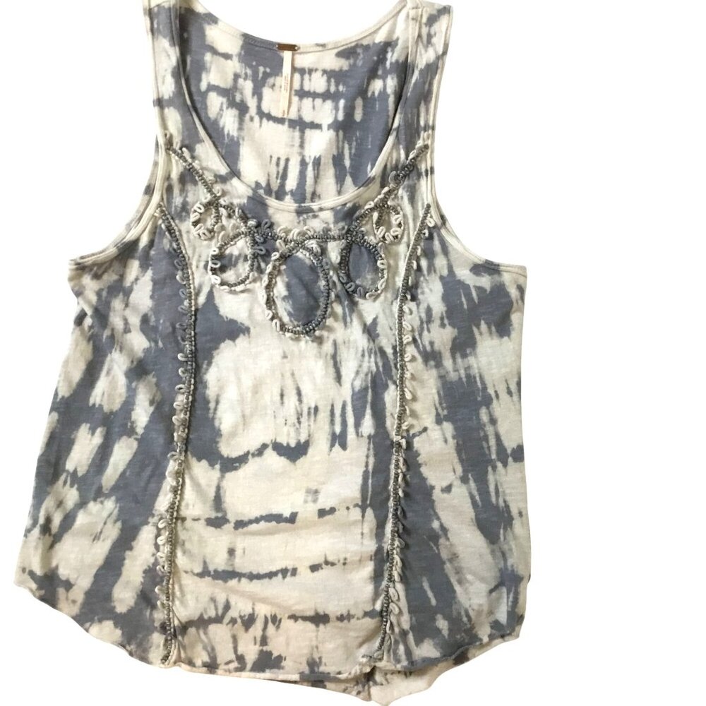 FREE PEOPLE Women Gray White Tie Dye Tank Top Textured Loops Boho Artsy India S